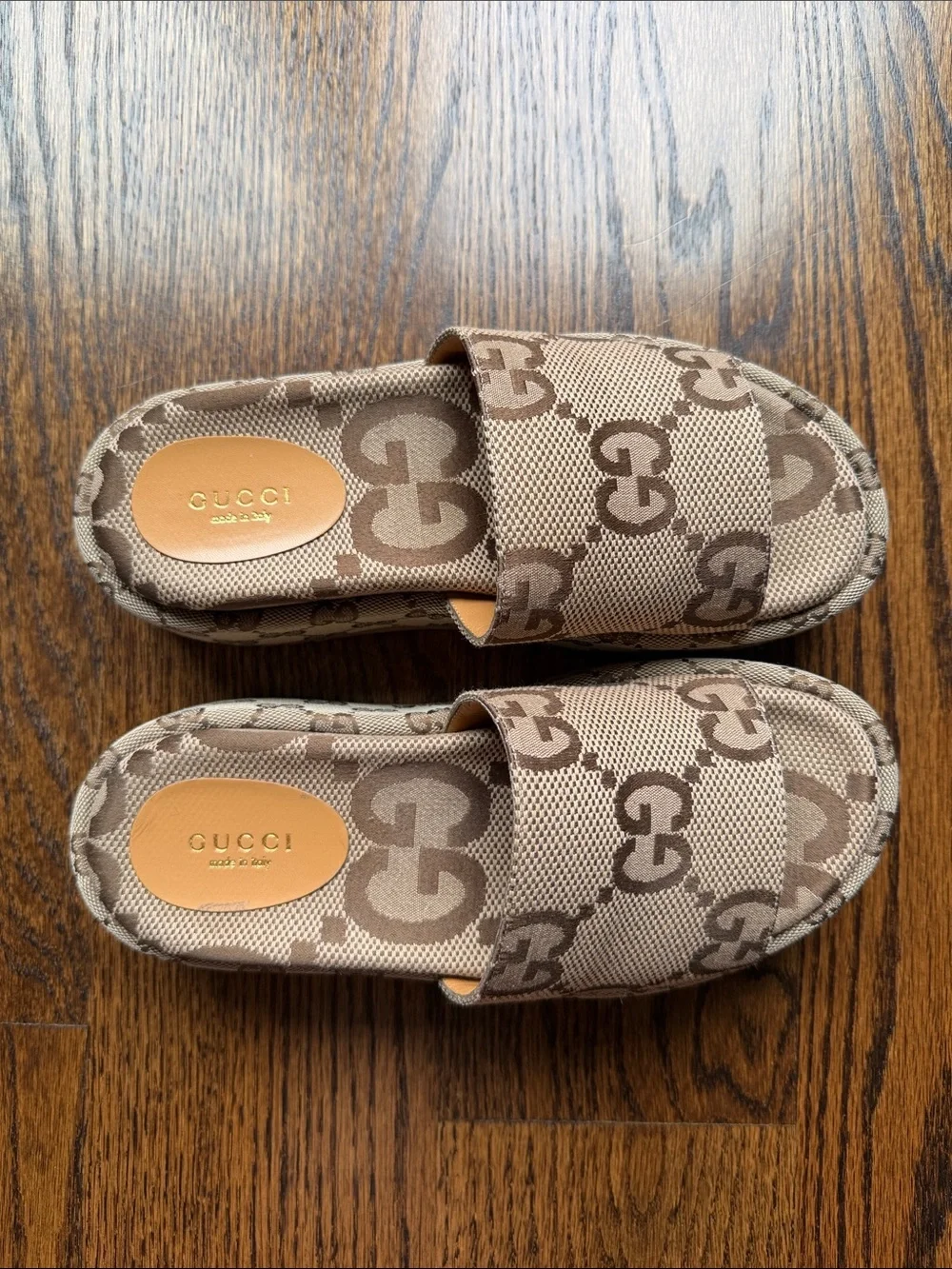 Gucci Tan Beige GG Canvas Slide Mules - Picture 1 of 4